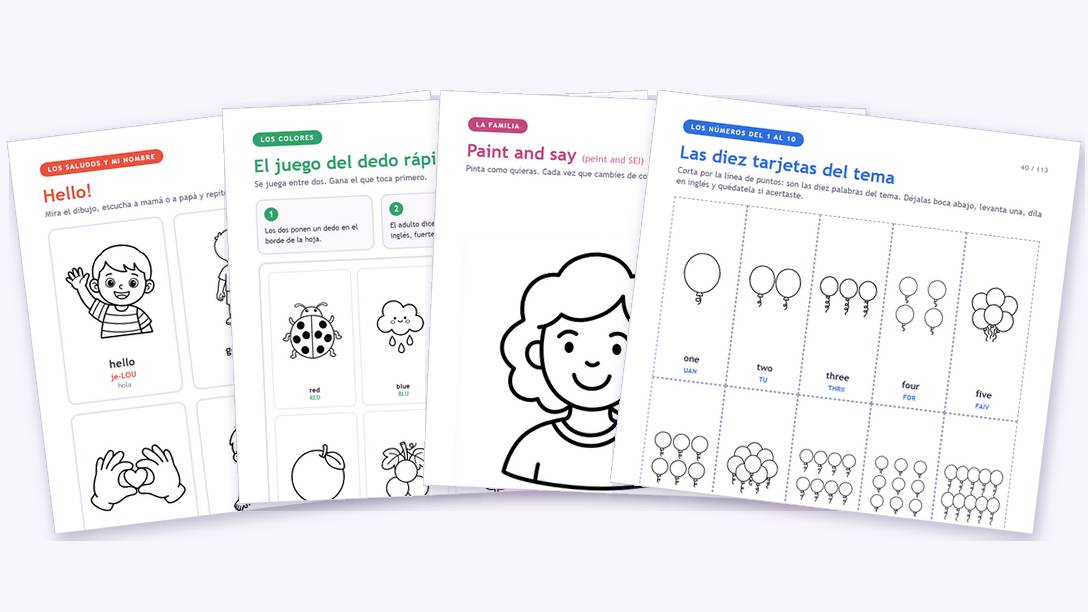 Cuatro hojas reales del interior del libro, en abanico: las palabras con su dibujo y su pronunciacion, el juego del dedo rapido, una hoja para pintar y las tarjetas para recortar